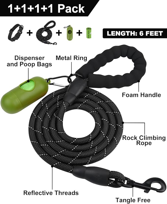 Dynmeow Reflective Dog Collar and Leash Set, 6FT Strong Climbing Rope Leash with Padded Handle, Adjustable Pet Collar with Soft Neoprene Padding for Small Medium Dogs, Black, S