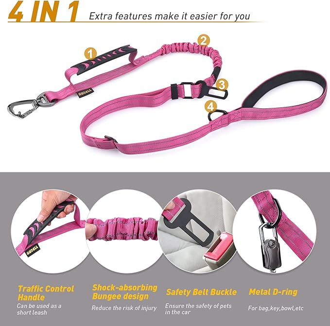 AUBELL Tactical Dog Leash Heavy Duty,4-6ft Reflective Strong No Pull Bungee Leash for Medium Large Dogs with Comfortable Padded Double Handle,Car Seat Belt,360 Degree Rotating Carabiner,Pink