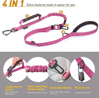 AUBELL Tactical Dog Leash Heavy Duty,4-6ft Reflective Strong No Pull Bungee Leash for Medium Large Dogs with Comfortable Padded Double Handle,Car Seat Belt,360 Degree Rotating Carabiner,Pink