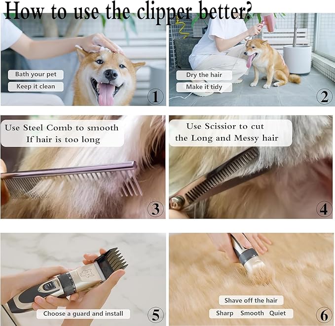 Dog Grooming Kit Clippers, Low Noise, Electric Quiet, Rechargeable, Cordless, Pet Hair Thick Coats Clippers Trimmers Set, Suitable for Dogs, Cats, and Other Pets (Silver)