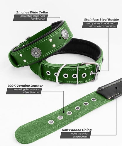 Leather Dog Collar, 2 inches Wide Heavy Duty Genuine Leather Collars, Handmade, Soft, and Luxury, Eye-catching Best Choice for Large and Medium Breed Dogs, Green,15-19 ins