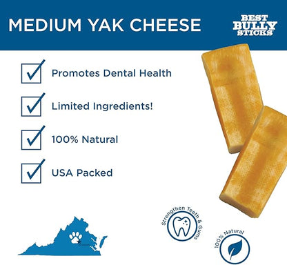 Best Bully Sticks Himalayan Yak Cheese for Dogs - Medium 4 Count (Pack of 1) - Natural, No Lactose, Odor Free, Long-Lasting Snack