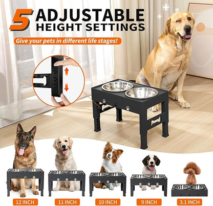 LAKIPETN Elevated Dog Bowls with Mat, Raised Dog Food Bowl Stand with 2 Stainless Steel Bowls, 5 Height Adjustable (3.1", 9", 10", 11", 12") Non-Slip Feeder Set for Medium and Large Dogs – Black