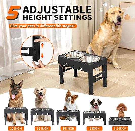 LAKIPETN Elevated Dog Bowls with Mat, Raised Dog Food Bowl Stand with 2 Stainless Steel Bowls, 5 Height Adjustable (3.1", 9", 10", 11", 12") Non-Slip Feeder Set for Medium and Large Dogs – Black