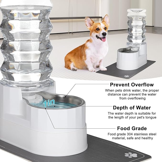 RIZZARI Large Water Dispenser for Dogs: 9L Automatic Stainless Steel Gravity Raised Pet Feeder with Specialized Brush and Triple Filter for Senior Pet Dogs with Neck Pain Garage Living Room