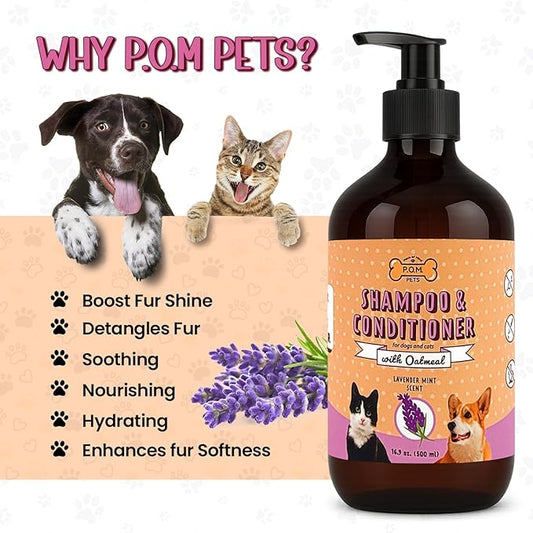 POM Pets 2-in-1 Organic Dog Shampoo & Conditioner – Itchy Skin Relief, Dog Deshedding, Detangles Fur, Cat Shampoo, Paw Cleaner for Dogs, Natural Coat Defense Formula