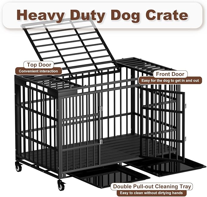 Snuowu 54 Inch Heavy Duty Dog Crate with Wheels，Indestructible Escape-Proof Dog Cage for Large Dogs, Extra Large XL XXL Indestructible Dog Crate with Removable Tray.