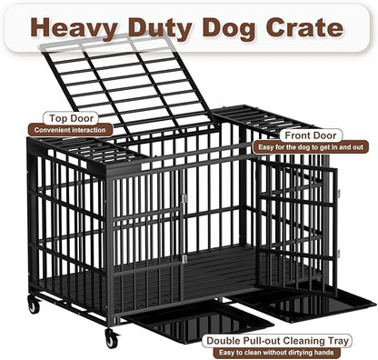 Snuowu 54 Inch Heavy Duty Dog Crate with Wheels，Indestructible Escape-Proof Dog Cage for Large Dogs, Extra Large XL XXL Indestructible Dog Crate with Removable Tray.