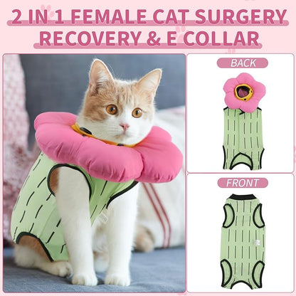 EMUST 2PCS Cat Recovery Suit and Cat Surgery Suit, Cute Cats Surgical Suit for Abdominal Wounds or Skin Diseases, Adjustable Flower Neck Cats Cone Collar Soft for 4-8lb(Green, M)