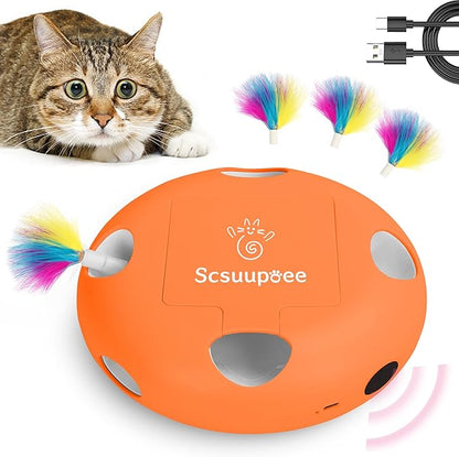 Scsuupoee Interactive Cat Toy, Electric Cat Toys for Moving Concealed Feathers, Smart Sensor 7 Holes Whack a Mole Feather Toy, USB Charge Automatic Kitten Toys,Orange