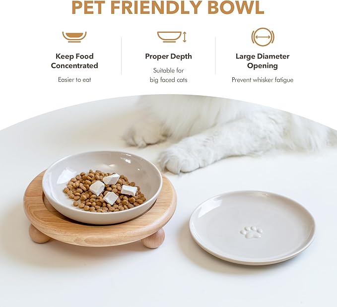 Havniva Raised Ceramic Wide Whisker Friendly Cat Dishes, Food&Water Bowl with 2 Style Stand Adjustable Pet Bowl Set(1Dish+1Shallow Dish+Stand