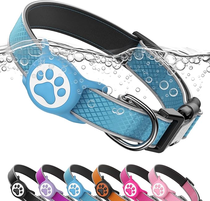 Reflective Dog Collar with Waterproof Airtag Holder & Anti-Lost QR Code | Ultra-Durable | Soft Padded | Safety Locking Buckle | Fit Small Dogs (Blue S(9.8"-15.7"))