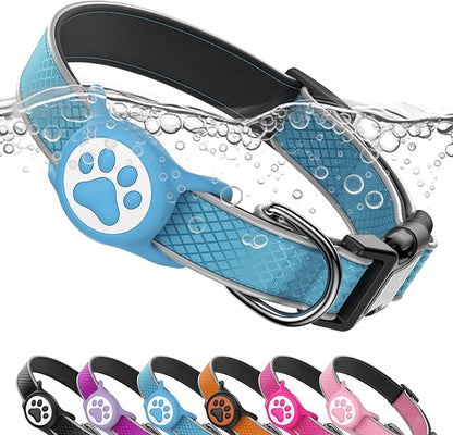 Reflective Dog Collar with Waterproof Airtag Holder & Anti-Lost QR Code | Ultra-Durable | Soft Padded | Safety Locking Buckle | Fit Small Dogs (Blue S(9.8"-15.7"))