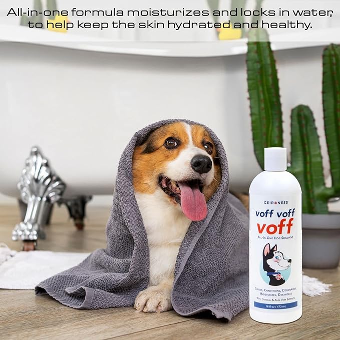Voff Voff Voff All-in-One Dog Shampoo by Geir Ness – Natural Oatmeal & Aloe Formula with Coconut & Date Palm Extract – Cleans, Conditions, Moisturizes, Deodorizes & Detangles – 16 fl oz