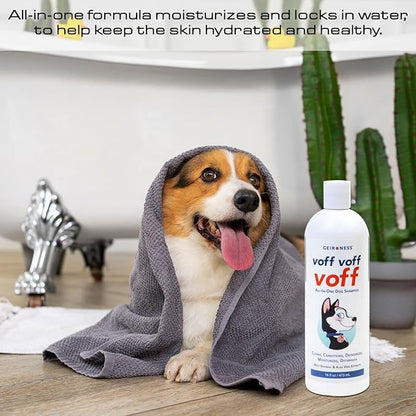 Voff Voff Voff All-in-One Dog Shampoo by Geir Ness – Natural Oatmeal & Aloe Formula with Coconut & Date Palm Extract – Cleans, Conditions, Moisturizes, Deodorizes & Detangles – 16 fl oz