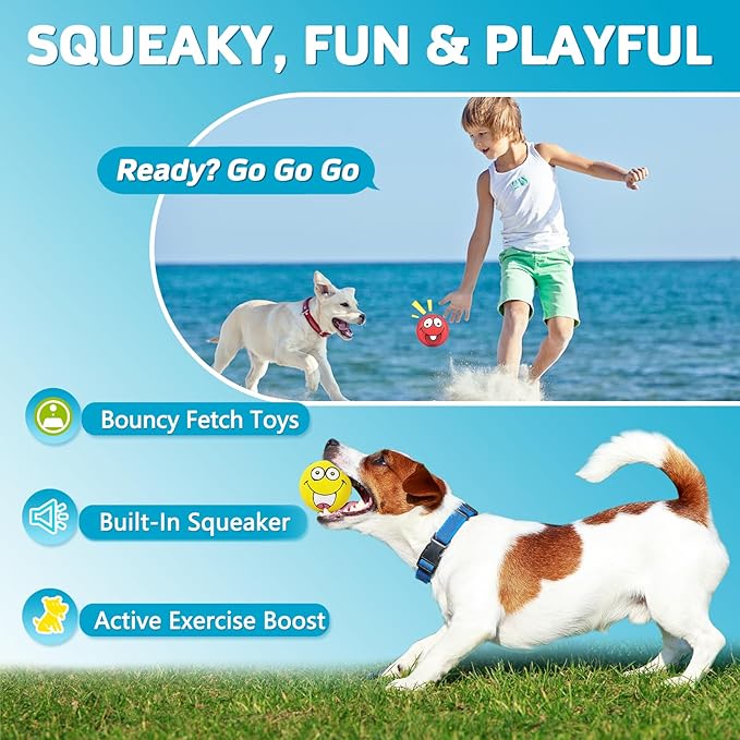 HDSX 4 Pack 2.8" Smiley Face Squeaky Dog Toys Soft Dog Balls Latex Rubber Squeak Dog Toys for Small Medium Puppy Pet Dogs (Flat Ball)