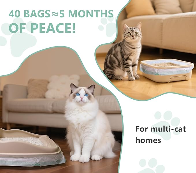 Zeling HTL 40 Count Jumbo Cat Litter Box Liners - 2 Mil Thick & Claw Resistant, 37"x18" Drawstring Bags for Deep Pans, Leakproof & Tear Proof Heavy Duty Liners