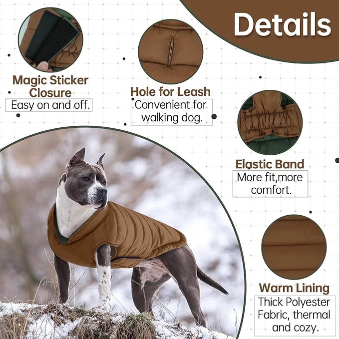 Lelepet Reversible Dog Coat Waterproof Dog Jacket Windproof Puffer Vest for Winter Warm Lightweight Coats for Small Dogs Adjustbale Hook & Loop Pet Apparel with Leash Hole, Chihuahua, Brown, XS