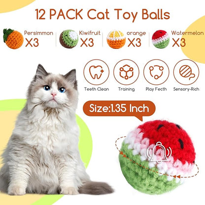 Cipsken 12 Pack Cat Toy Balls, Hand-Knitted Woolen Yarn Cat Balls Toy with Bell Inside, Interactive Kitty Toys for Indoor Kitten Teething, Chasing & Self Play(Fruit-Shaped)