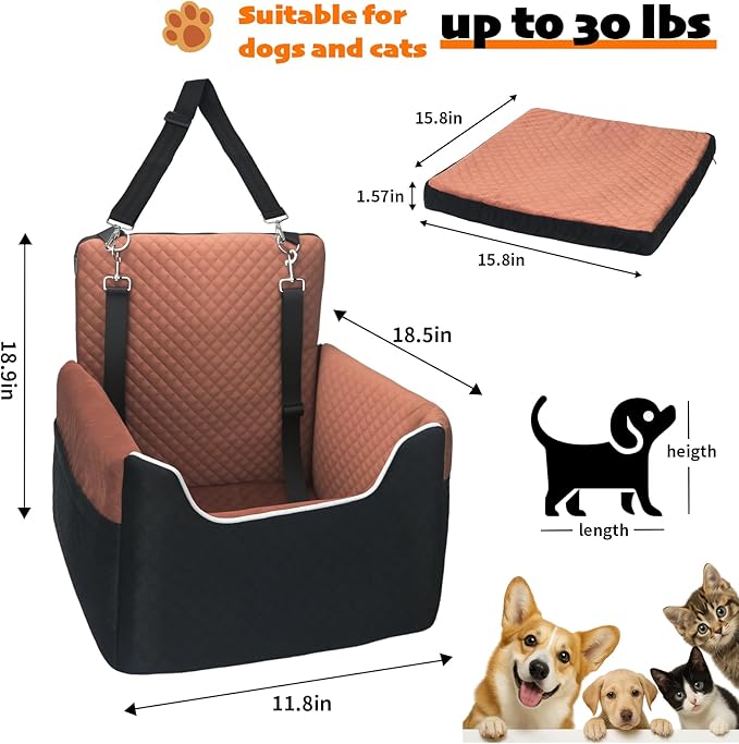 Dog Car Seat for Small Dogs Under 30lbs, Dog Booster Seat with Detachable Washable Cover and Cushion, Memory Foam Pet Car Seat with Safety Belt and Storage Pockets