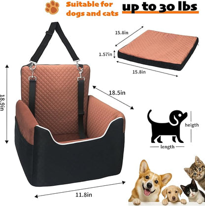 Dog Car Seat for Small Dogs Under 30lbs, Dog Booster Seat with Detachable Washable Cover and Cushion, Memory Foam Pet Car Seat with Safety Belt and Storage Pockets