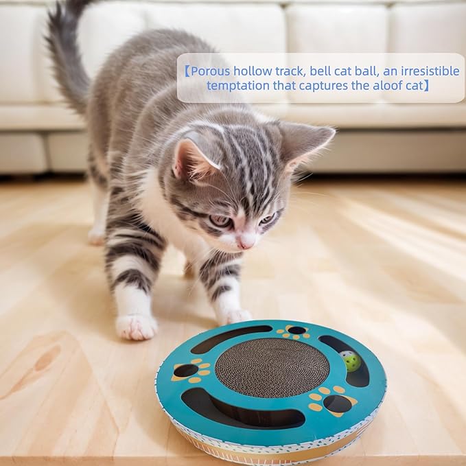 Jollytail Interactive cat Toys for Indoor Cats Scratch pad with 2 Bell Balls and Kitten Tunnel and Scratching Board 11.81 Inch Round