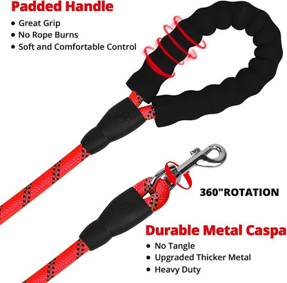 Long Dog Leash 30 FT: Heavy Duty Rope Leashes for Dogs Training with Swivel Lockable Hook Reflective Threads Bungee and Padded Handle - Dog Lead for Large Small Medium Dogs Outside Walking Hiking Red