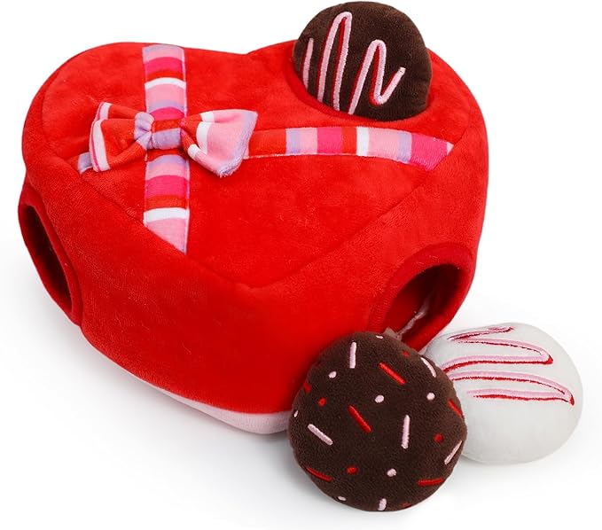 Hollypet Squeaky Dog Toy, Interactive Plush Hide and Seek Dog Toys for Small Medium Sized Dogs and Non-Aggressive Chewers, Puppy Teeth Clean Chew Toys, Valentine's Day Chocolate