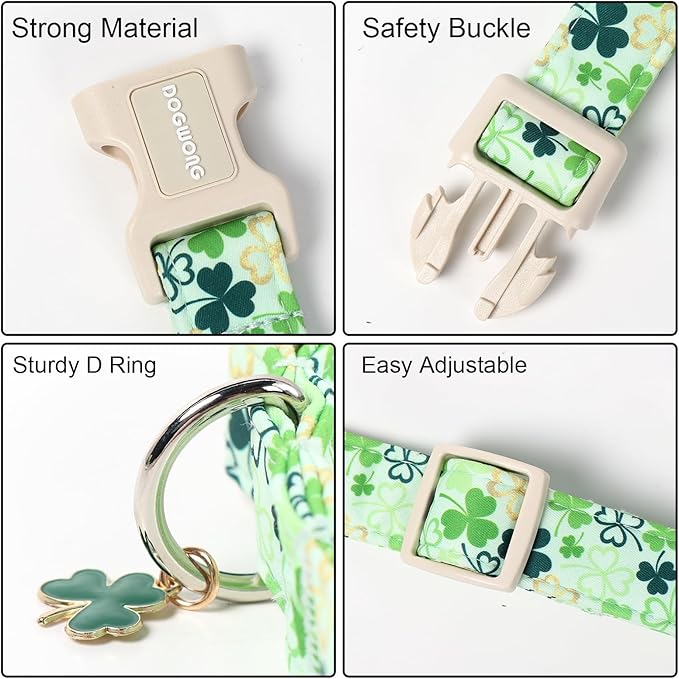 DOGWONG St Patrick's Day Dog Collar-Cute Green Clovers Dog Collars, Adjustable Shamrock Pet Collars Trefoil Puppy Collar with Quick Release Buckle for Girl&Boy Dogs