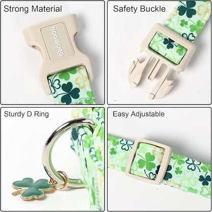 DOGWONG St Patrick's Day Dog Collar-Cute Green Clovers Dog Collars, Adjustable Shamrock Pet Collars Trefoil Puppy Collar with Quick Release Buckle for Girl&Boy Dogs