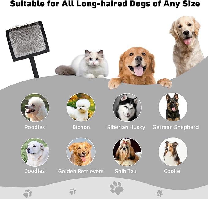 Dog Slicker Brush & Stainless Steel Comb Set for Shedding & Grooming Medium & Large Long or Thick Coated Dogs, Doodles & Cats, 1 Inch Pin Slicker Brush with Ergonomic Wooden Handle, Black