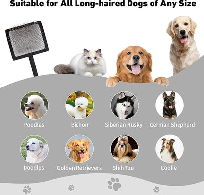 Dog Slicker Brush & Stainless Steel Comb Set for Shedding & Grooming Medium & Large Long or Thick Coated Dogs, Doodles & Cats, 1 Inch Pin Slicker Brush with Ergonomic Wooden Handle, Black