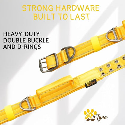 ADITYNA Heavy Duty Dog Collar for Medium Dogs - Reflective Yellow Collar with Handle for Training, and Walking - Wide, Thick, Tactical, Soft Neoprene Padded
