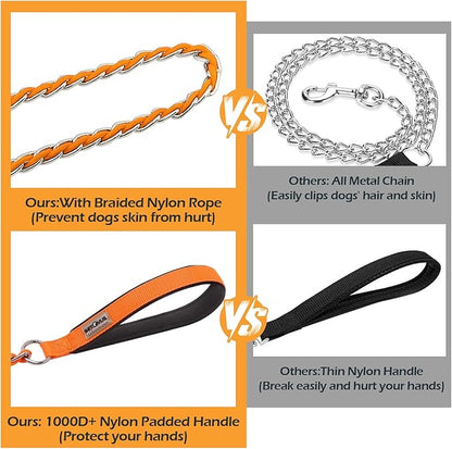 Dog Leash Chew Proof, Chain Leash Anti Chew Dog Leash for Large Dogs Heavy Duty, Indestructible Metal Leash Anti Bite Chain Link with Woven Cord Soft Padded Handle (Orange, 4FT)