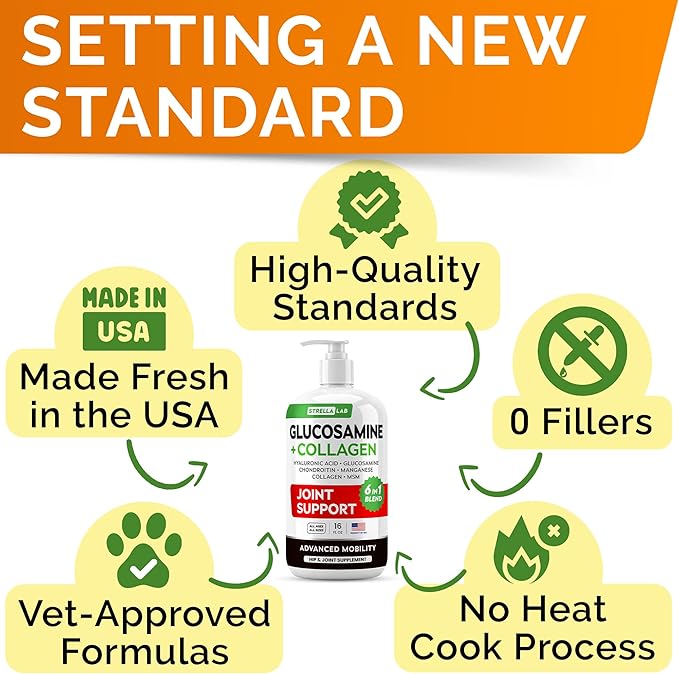 STRELLALAB Liquid Glucosamine for Dogs w/Collagen (16 OZ) - All-Natural Hip & Joint Supplement, Glucosamine Chondroitin for Dogs, MSM & Collagen for Dogs Mobility, Joint Pain Relief for Small & Large
