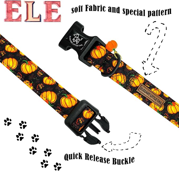 Elegant little tail Halloween Dog Collar, Pumpkin with Maple Leaf Print Fall Pet Collars Cotton Soft Sturdy Puppy Collars Holiday Female Adjustable Collar for Large Dogs