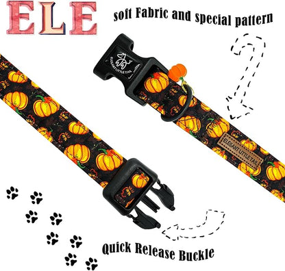 Elegant little tail Halloween Dog Collar, Pumpkin with Maple Leaf Print Fall Pet Collars Cotton Soft Sturdy Puppy Collars Holiday Female Adjustable Collar for Large Dogs