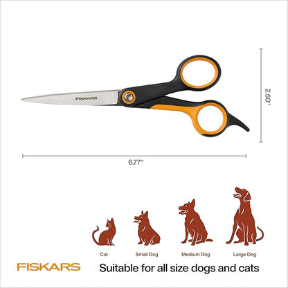 Fiskars Pet, Dog & Cat Grooming Scissors, Precision Stainless Steel Blades & SoftGrip Handle, Cat and Dog Supplies, Orange/Black, Trimming Scissors