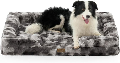 COZY KISS Orthopedic Dog Bed for Large Size Dog, Soft Warm Faux Fur Extra Large Sofa for Pet Up to 100 lbs, Foam Bolster Anti-Slip Couch with Washable Removable Cover, XL 44x32x7 inch, Tie Dye Grey