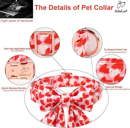 Valentines Dog Collar with Lady Bow - Cute Valentine Doodle Hearts Pink Girl Bowtie Dog Collar, Adjustable Metal Buckle Dog Collars for Small Medium Large Dogs XL