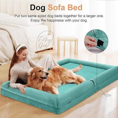 Large Dog Bed Orthopedic Washable: Jumbo Dog Bed Bolster Extra Large Dogs Egg Crate Foam Sofa Couch Waterproof Removable Cover - Aqua Blue