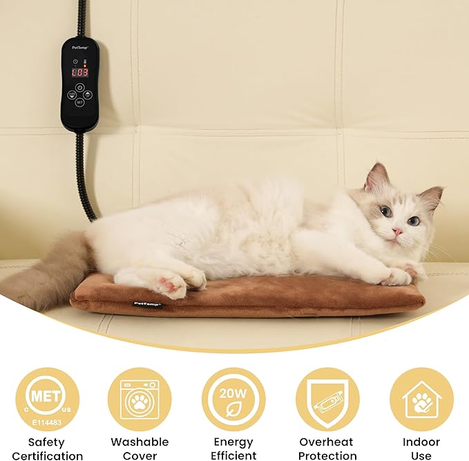PetTemp Cat Heating Pad, Heated Cat Bed with 5 Heat Levels, Timer & Auto Shut-Off, Waterproof Warmer with Thick Fleece Cover, Chew-Resistant Cord, for Indoor & Sheltered Outdoor Use, 16" x 13"