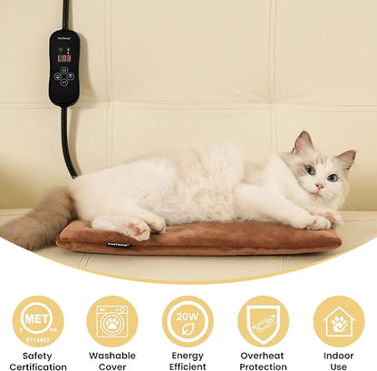 PetTemp Cat Heating Pad, Heated Cat Bed with 5 Heat Levels, Timer & Auto Shut-Off, Waterproof Warmer with Thick Fleece Cover, Chew-Resistant Cord, for Indoor & Sheltered Outdoor Use, 16" x 13"