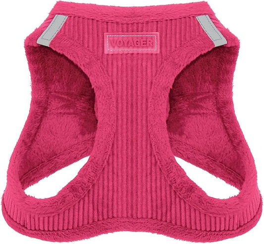 Best Pet Supplies - All Weather Plush, Reflective, No Pull Harness for Small, Medium Dogs, Cats - Secure with Hook & Loop Fastener, Buckle, Double D-Rings - Fuchsia Corduroy, L
