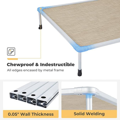 Veehoo Chewproof Elevated Dog Bed - Cooling Raised Pet Cot, Breathable Mesh, Washable & Non-Slip for large Dogs, Indoor/Outdoor, Beige Coffee Mat and Silver Metal Frame, 49x33inches (Model CWC2203B03)