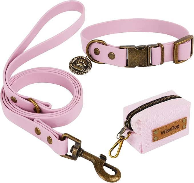 Wisedog Dog Collar and Leash Set, Waterproof Adjustable Puppy Collars with Cute Tag 4FT Dog Leash with Poop Bag for Small Medium Large Dogs (S, Pale Pinkish Purple)