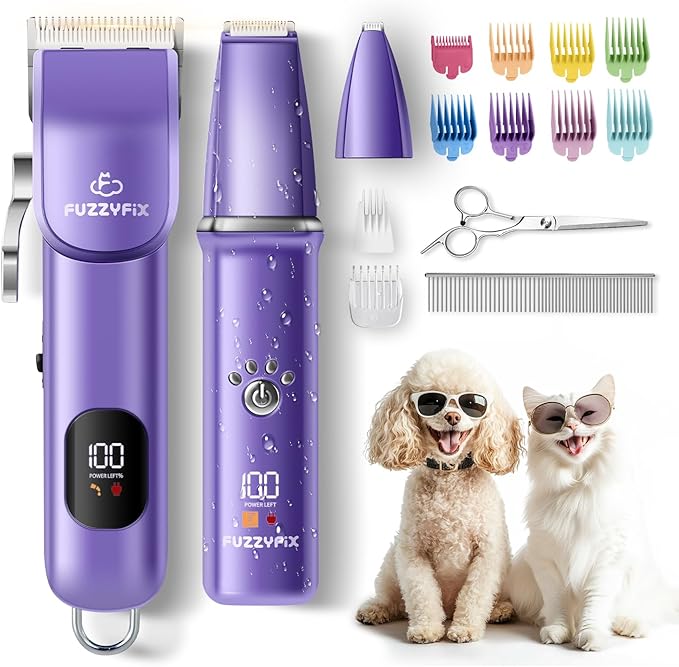 FuzzyFix Dog Grooming Kit, Dog Clippers for Grooming for Thick Curly Coats, Professional Pet Hair Shaver Paw Trimmer Cordless Rechargeable Low Noise for Dogs Cats Animals Face Ear