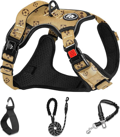 NESTROAD No Pull Dog Harness,Adjustable Oxford Dog Vest Harness with Leash,Reflective No-Choke Pet Harness with Easy Control Soft Handle for Large Dogs(Large,Light Brown)