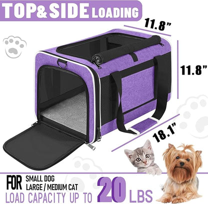 GAPZER Pet Carrier for Large Cat 20 lbs+ / Soft Sided Small Dog 12 Pounds Travel Crate Top Load/Collapsible Kitty Carry Bag Big Kitten Mesh/Sturdy Animal Transport cage Kennel Long Trips Purple