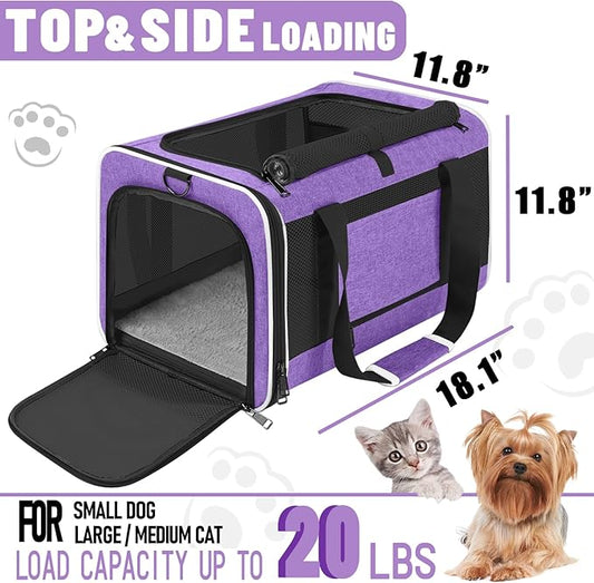 GAPZER Pet Carrier for Large Cat 20 lbs+ / Soft Sided Small Dog 12 Pounds Travel Crate Top Load/Collapsible Kitty Carry Bag Big Kitten Mesh/Sturdy Animal Transport cage Kennel Long Trips Purple